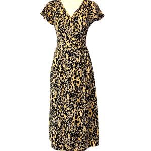 Sienna Sky Tan Black Animal Print Wrap Dress Midi Length V Neck Side Button Tie